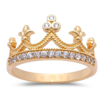 King Crown Ring Round Yellow Tone, Simulated CZ Half Eternity 925 Sterling Silver
